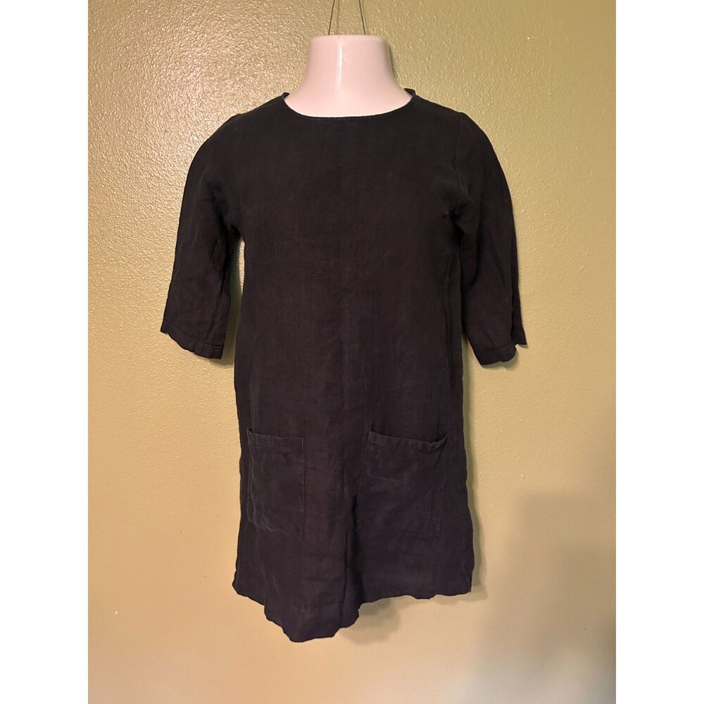 Lagenlook Pyne & Smith Black Linen Shift Tunic Dress 3/4 Sleeve XS Slow Fashion
